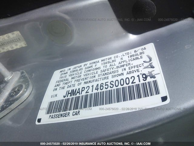 JHMAP21465S000219 - 2005 HONDA S2000 SILVER photo 9