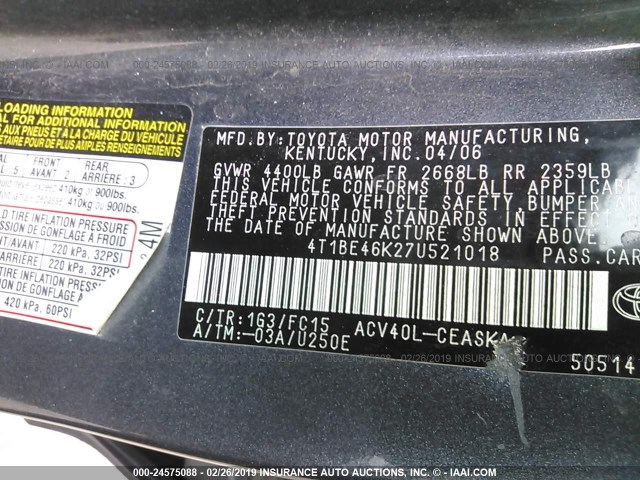 4T1BE46K27U521018 - 2007 TOYOTA CAMRY NEW GENERAT CE/LE/XLE/SE GRAY photo 9