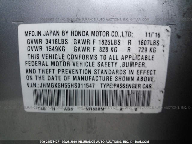 JHMGK5H55HS011547 - 2017 HONDA FIT LX SILVER photo 9