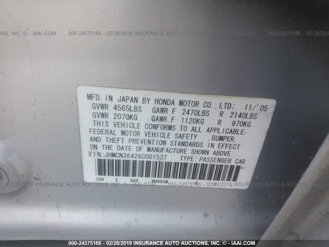 JHMCN36426C001537 - 2006 HONDA ACCORD HYBRID SILVER photo 9