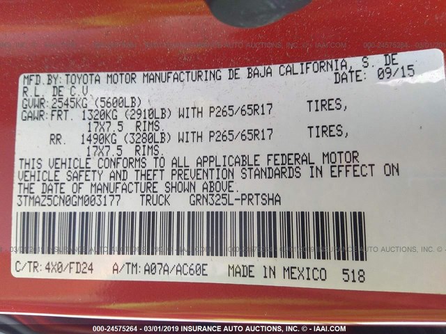 3TMAZ5CN0GM003177 - 2016 TOYOTA TACOMA DBL CAB/SR5/TRD SPORT/OR ORANGE photo 9