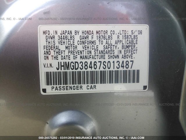 JHMGD38467S013487 - 2007 HONDA FIT GRAY photo 9