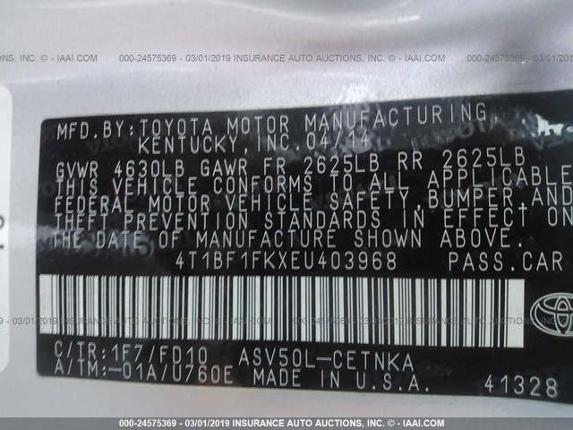 4T1BF1FKXEU403968 - 2014 TOYOTA CAMRY L/SE/LE/XLE 银色 照片 9