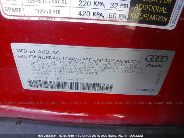 WAUMF78P06A067997 - 2006 AUDI A3 2.0 SPORT RED photo 9