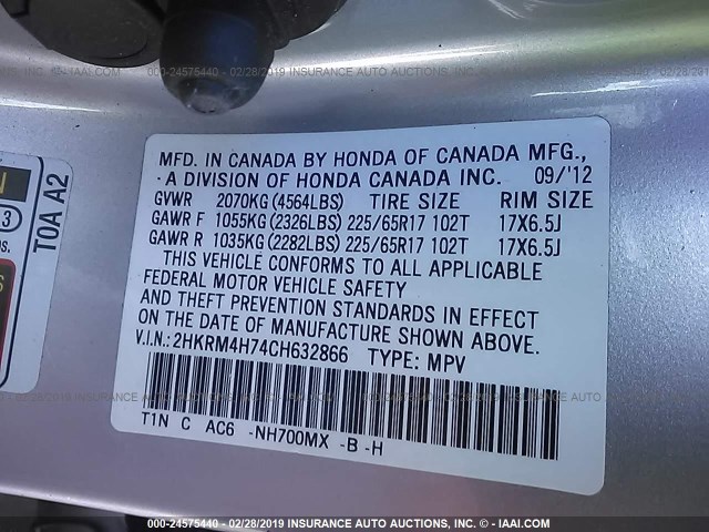 2HKRM4H74CH632866 - 2012 HONDA CR-V EXL SILVER photo 9