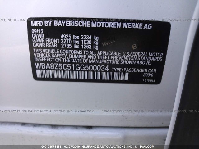 WBA8Z5C51GG500034 - 2016 BMW 328 XIGT/SULEV WHITE photo 9