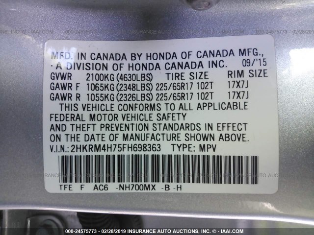 2HKRM4H75FH698363 - 2015 HONDA CR-V EXL SILVER photo 9