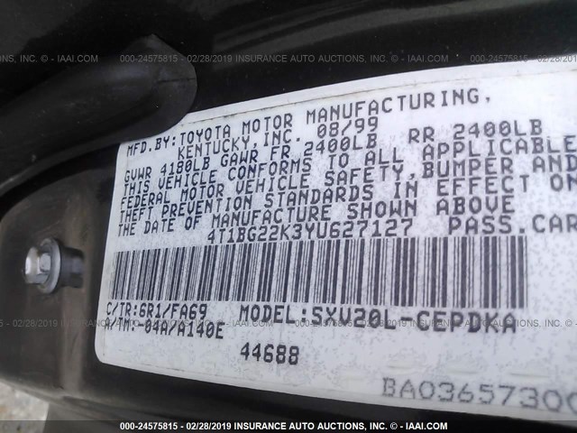 4T1BG22K3YU627127 - 2000 TOYOTA CAMRY CE/LE/XLE 灰色 照片 9