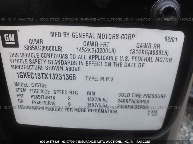 1GKEC13TX1J231366 - 2001 GMC YUKON GREEN photo 9