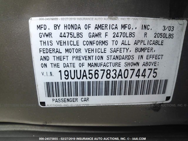 19UUA56783A074475 - 2003 ACURA 3.2TL GOLD photo 9