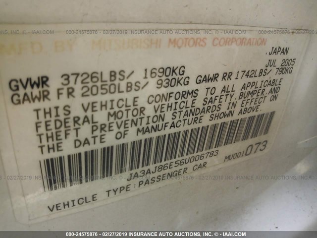 JA3AJ86E56U006783 - 2006 MITSUBISHI LANCER OZ RALLY WHITE photo 9