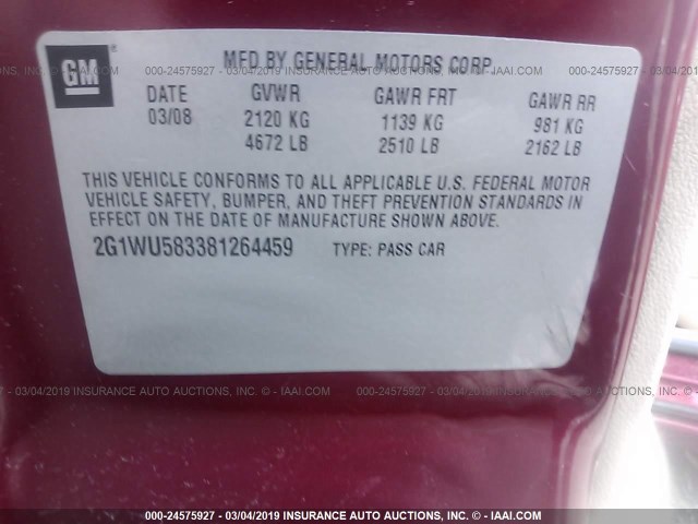 2G1WU583381264459 - 2008 CHEVROLET IMPALA LTZ BURGUNDY photo 9