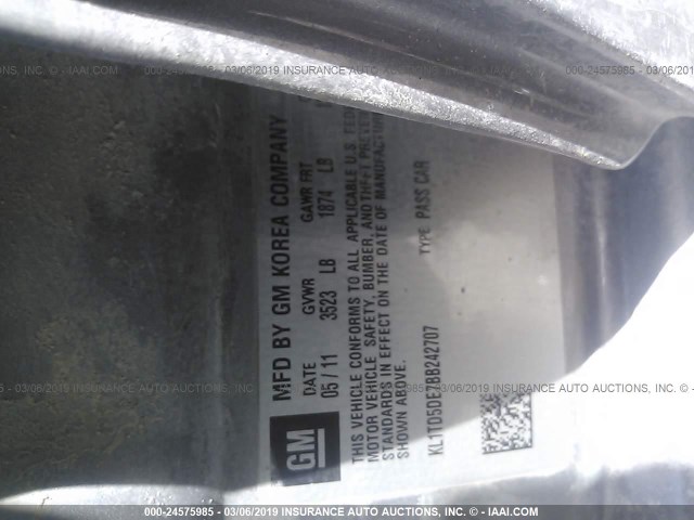 KL1TD5DE7BB242707 - 2011 CHEVROLET AVEO LS/LT ნაცრისფერი ფოტო 9