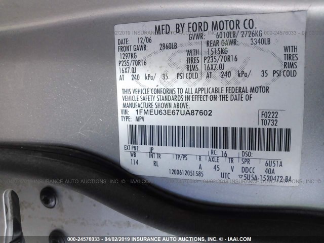 1FMEU63E67UA87602 - 2007 FORD EXPLORER XLT SILVER photo 9