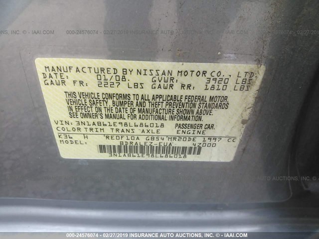 3N1AB61E98L686018 - 2008 NISSAN SENTRA 2.0/2.0S/2.0SL GRAY photo 9