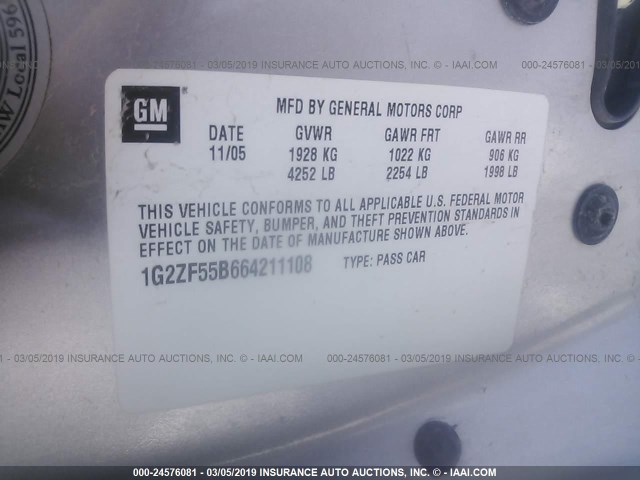 1G2ZF55B664211108 - 2006 PONTIAC G6 SE SILVER photo 9