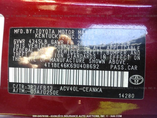 4T1BE46K69U408692 - 2009 TOYOTA CAMRY SE/LE/XLE RED photo 9