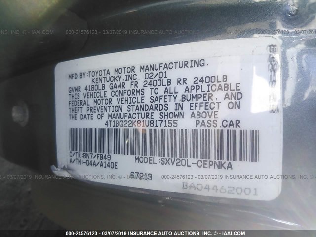 4T1BG22K81U817155 - 2001 TOYOTA CAMRY CE/LE/XLE 蓝色 照片 9