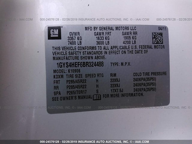 1GYS4HEF6BR324488 - 2011 CADILLAC ESCALADE ESV LUXURY WHITE photo 9