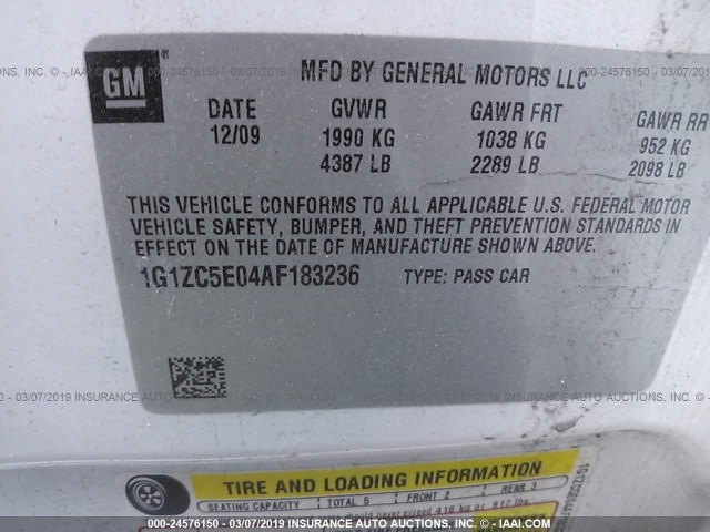 1G1ZC5E04AF183236 - 2010 CHEVROLET MALIBU 1LT თეთრი ფოტო 9