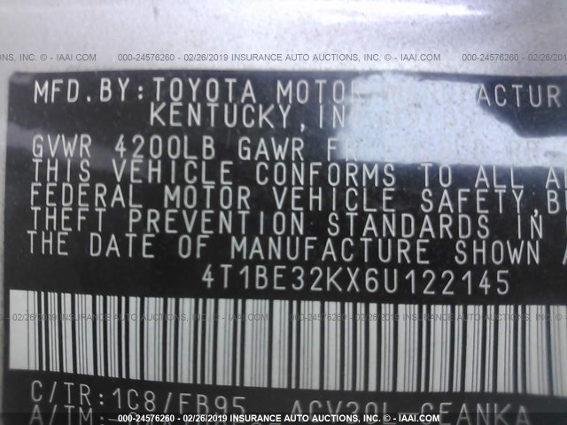 4T1BE32KX6U122145 - 2006 TOYOTA CAMRY LE/XLE/SE SILVER photo 9