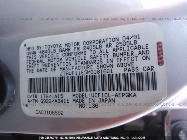 JT8UF11E5M0081601 - 1991 LEXUS LS 400 SILVER photo 9