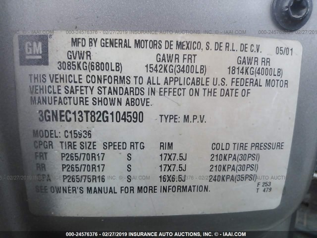 3GNEC13T82G104590 - 2002 CHEVROLET AVALANCHE C1500 GRAY photo 9