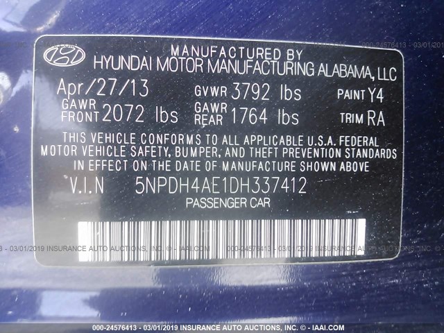 5NPDH4AE1DH337412 - 2013 HYUNDAI ELANTRA GLS/LIMITED BLUE photo 9