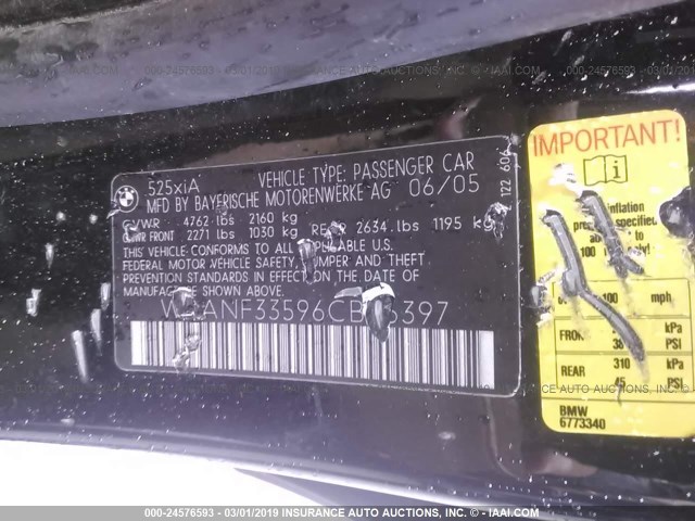 WBANF33596CB86397 - 2006 BMW 525 XI BLACK photo 9
