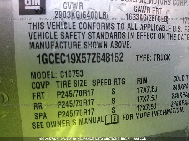 1GCEC19X57Z648152 - 2007 CHEVROLET SILVERADO C1500 CLASSIC GRAY photo 9