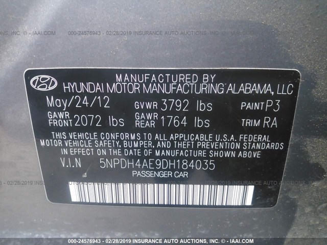 5NPDH4AE9DH184035 - 2013 HYUNDAI ELANTRA GLS/LIMITED GRAY photo 9