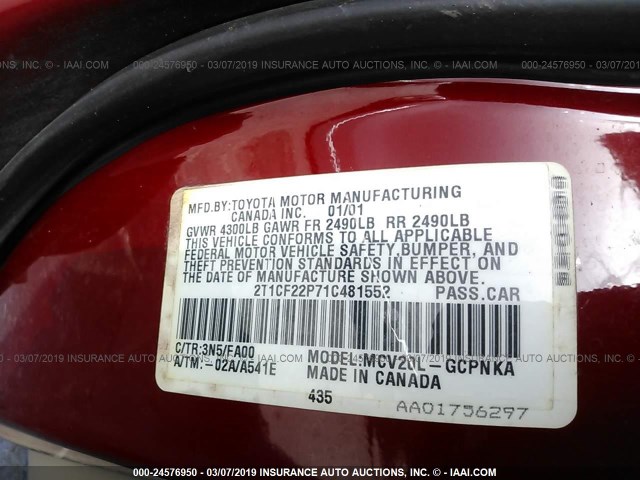 2T1CF22P71C481552 - 2001 TOYOTA CAMRY SOLARA SE/SLE წითელი ფოტო 9