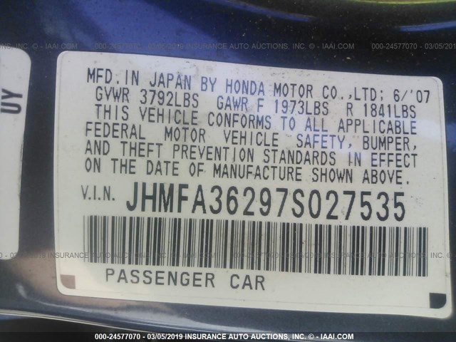 JHMFA36297S027535 - 2007 HONDA CIVIC HYBRID BLUE photo 9