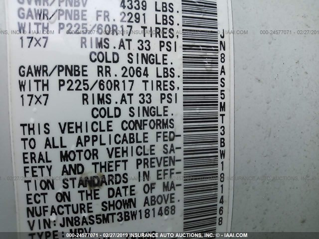 JN8AS5MT3BW181468 - 2011 NISSAN ROGUE S/SV/KROM WHITE photo 9