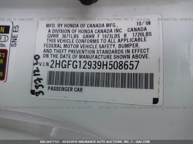 2HGFG12939H508657 - 2009 HONDA CIVIC EXL WHITE photo 9