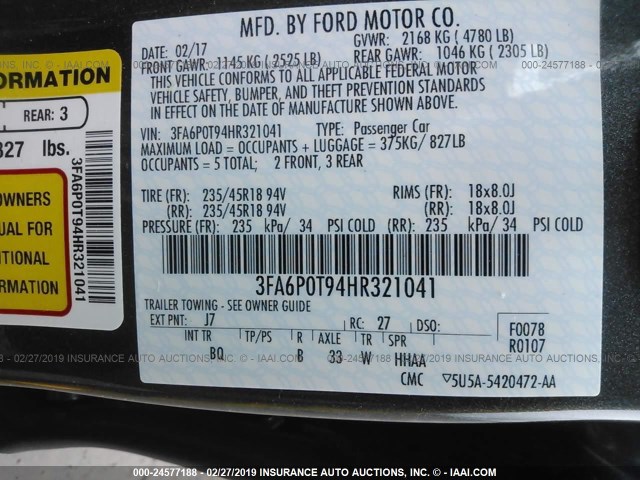 3FA6P0T94HR321041 - 2017 FORD FUSION SE GRAY photo 9