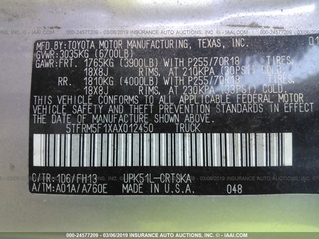 5TFRM5F1XAX012450 - 2010 TOYOTA TUNDRA DOUBLE CAB SR5 SILVER photo 9