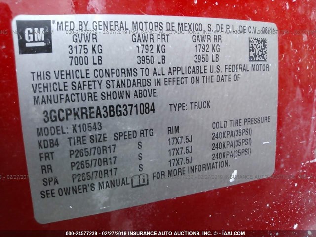 3GCPKREA3BG371084 - 2011 CHEVROLET SILVERADO K1500 LS RED photo 9