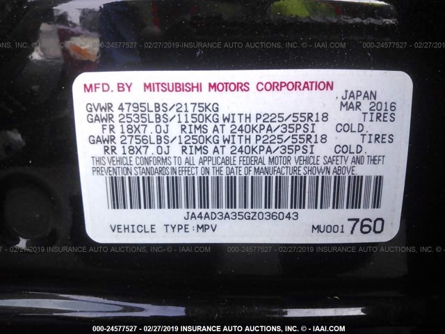 JA4AD3A35GZ036043 - 2016 MITSUBISHI OUTLANDER SE/SEL BLACK photo 9