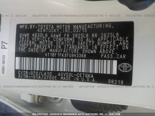 4T1BF1FKXFU943368 - 2015 TOYOTA CAMRY LE/XLE/SE/XSE თეთრი ფოტო 9