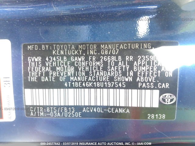 4T1BE46K18U197545 - 2008 TOYOTA CAMRY CE/LE/XLE/SE 深蓝色 照片 9