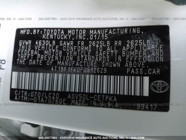 4T1BF1FK0FU912629 - 2015 TOYOTA CAMRY LE/XLE/SE/XSE WHITE photo 9