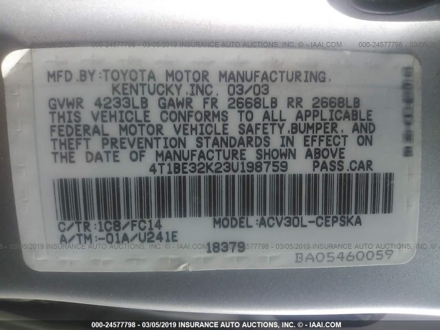 4T1BE32K23U198759 - 2003 TOYOTA CAMRY LE/XLE/SE GRAY photo 9