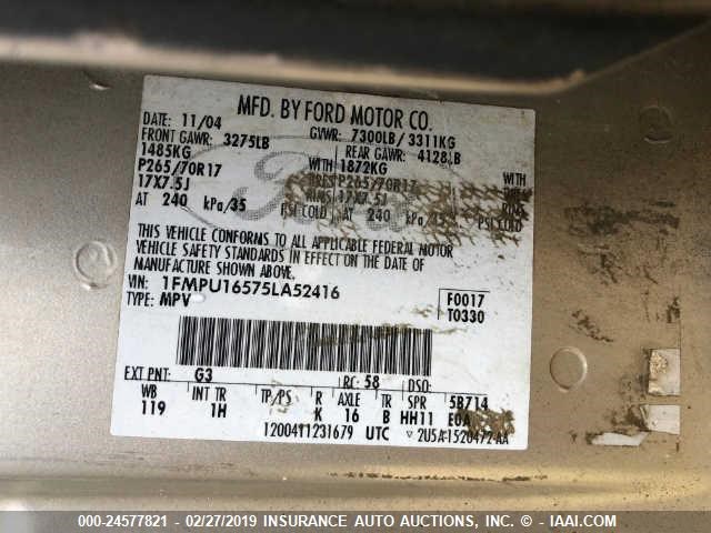 1FMPU16575LA52416 - 2005 FORD EXPEDITION XLT TAN photo 9