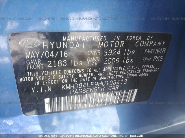 KMHD84LF9HU193413 - 2017 HYUNDAI ELANTRA SE/VALUE/LIMITED BLUE photo 9