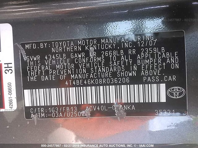 4T4BE46K08R036206 - 2008 TOYOTA CAMRY CE/LE/XLE/SE 灰色 照片 9