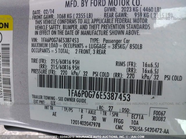 1FA6P0G76E5387453 - 2014 FORD FUSION S SILVER photo 9