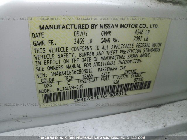 1N4BA41E56C808011 - 2006 NISSAN MAXIMA SE/SL WHITE photo 9