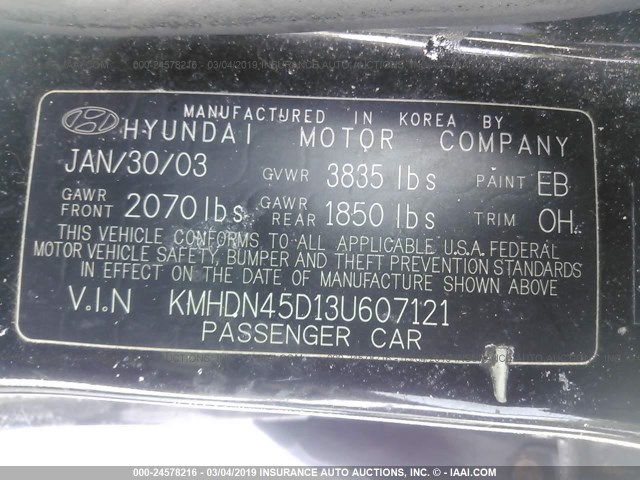 KMHDN45D13U607121 - 2003 HYUNDAI ELANTRA GLS/GT BLACK photo 9