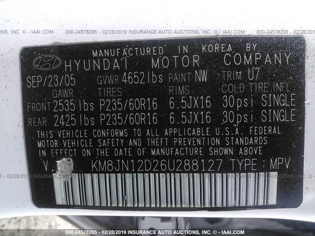 KM8JN12D26U288127 - 2006 HYUNDAI TUCSON GLS/LIMITED 白色 照片 9